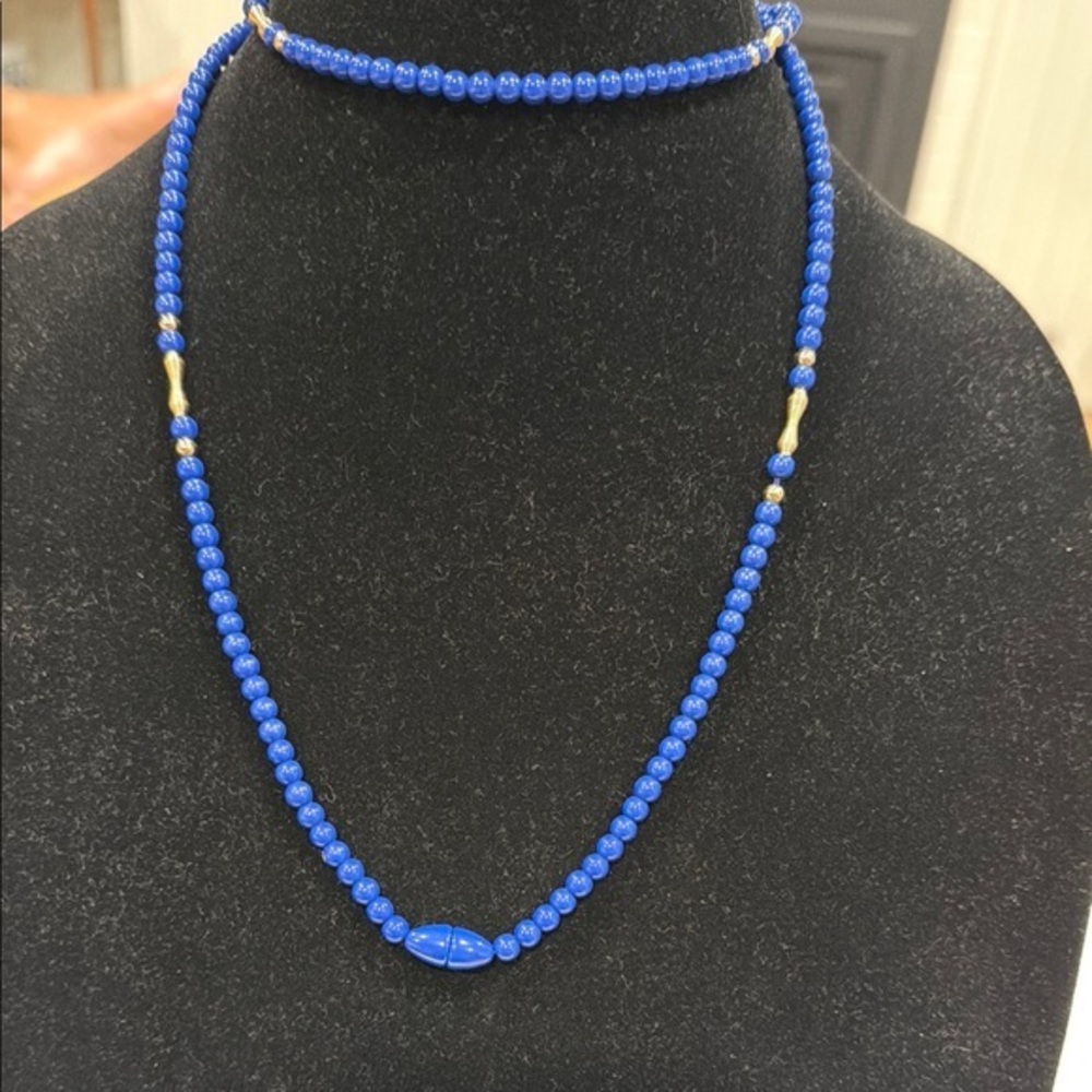 Vintage Avon Bead Necklace Royal Blue Azura Necklace w/Gold Accent beads-36”